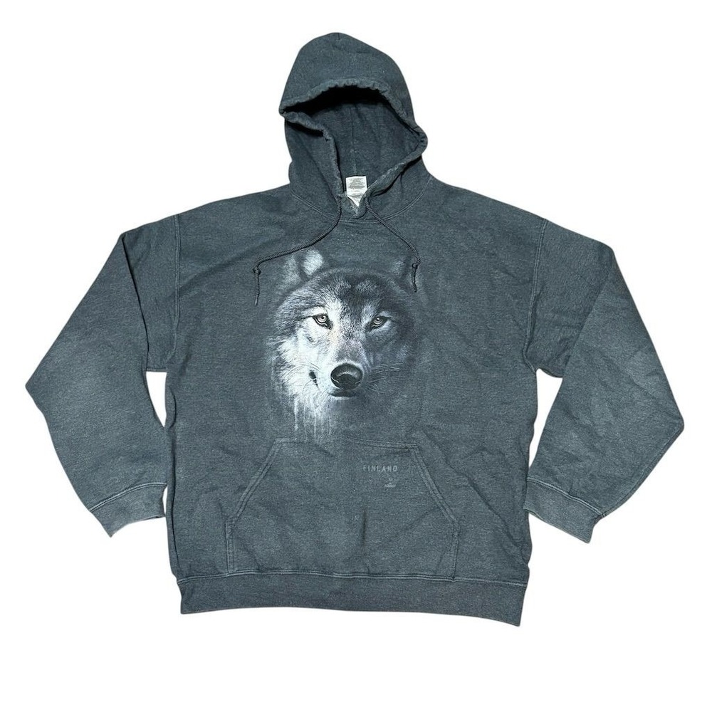 Vintage Gray Wolf Graphic Pullover Hoodie size L gildan‎